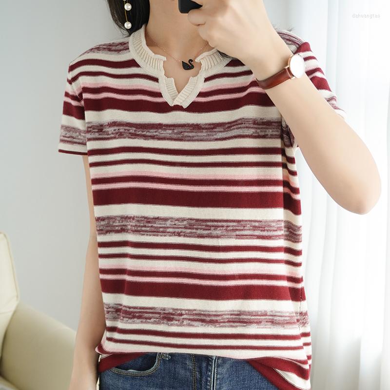 

Women' Knits Cotton Short-sleeved Summer Women' V-Neck Slim Pullover Tee Plus Size Color Stripe Knitted Bottoming T-shirt, Burgundy