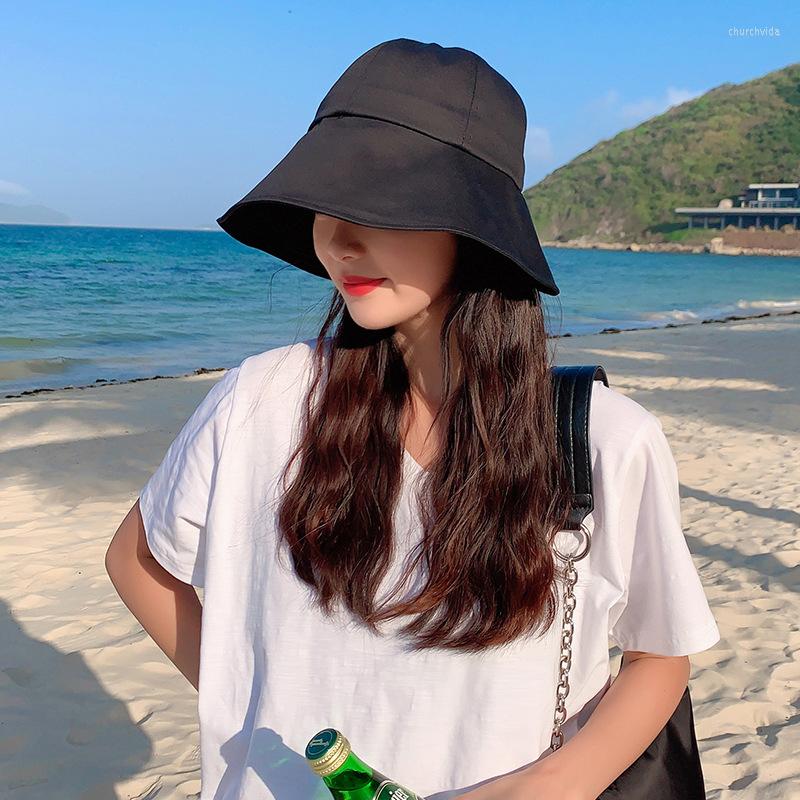 

Berets YQYXCY Bucket Hat Women Summer Sunshade Folding Fisherman Cap Outdoor Beach Travel Sun Female Solid Wide Brim Sunhat Korean, Black