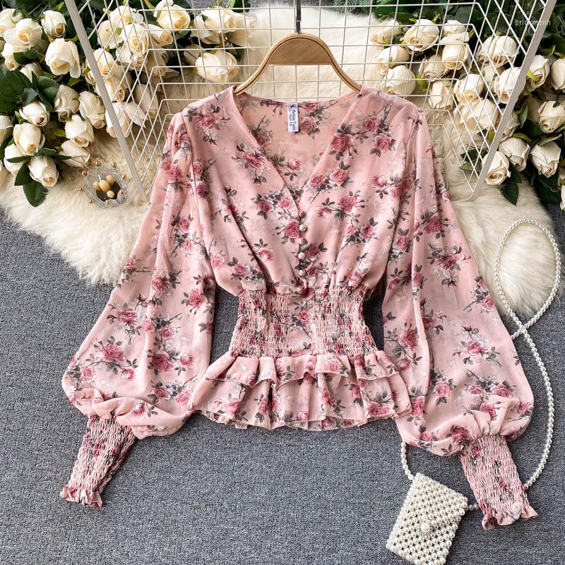 

Women's Blouses 2023 Spring Summer V-neck Floral Print Puff Sleeve Holiday Beach Women Blouse, Pink