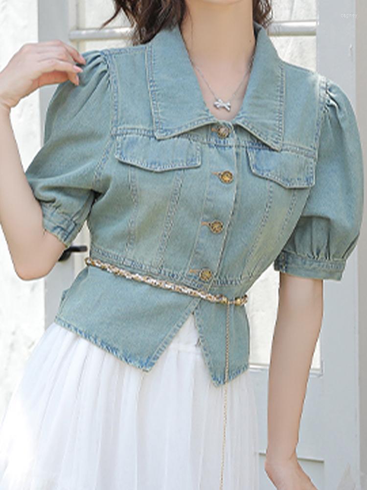 

Women's Blouses Casual Lapel Tie Up Denim Shirt Short Sleeved Top 2023 Summer Fashionable Clothing, Blue
