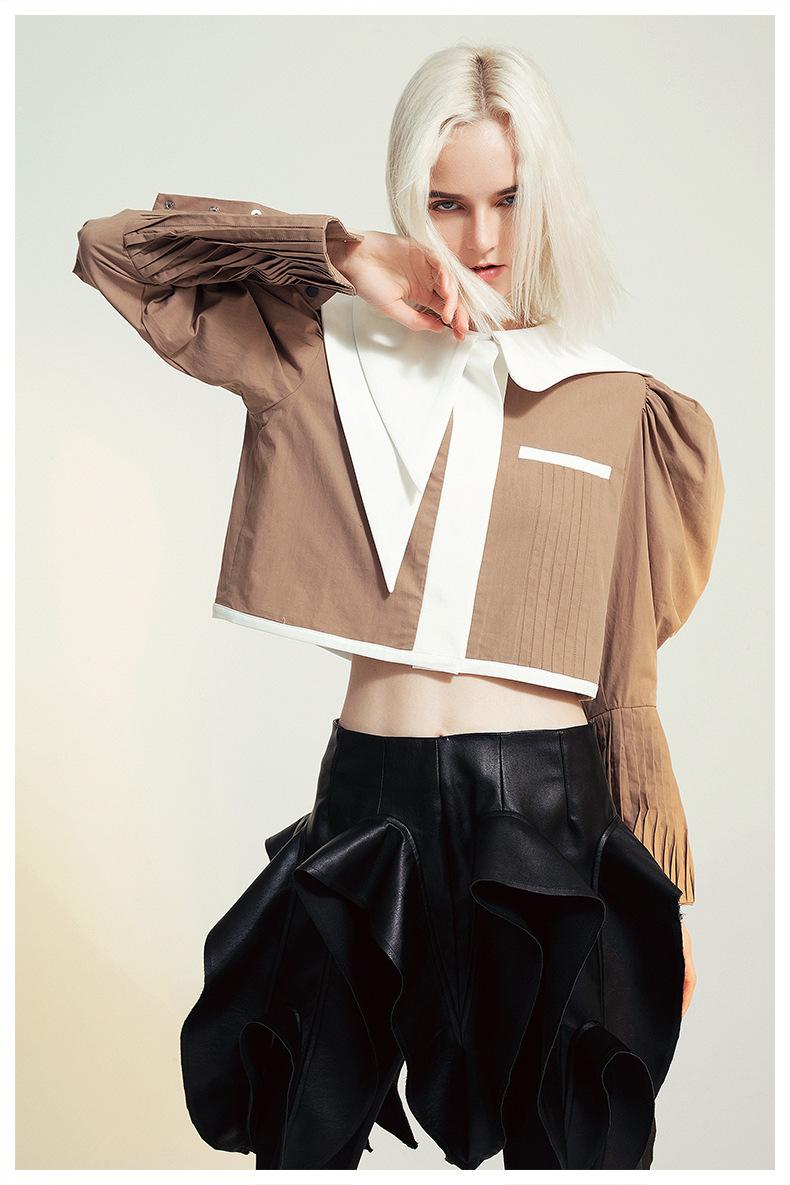 

Women's Blouses & Shirts Blouse Asymmetrical Contrast Collar Lamb Leg Sleeve Short Ruffle Gothic Ladies Tops And, Khaki