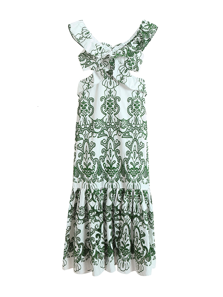 

Casual Dresses Summer Women's dress 2023 Fashion Hollow Out Embroidery Ruffled Sleeveless Dress Tie Straps Female robe Mujer 230512, Green