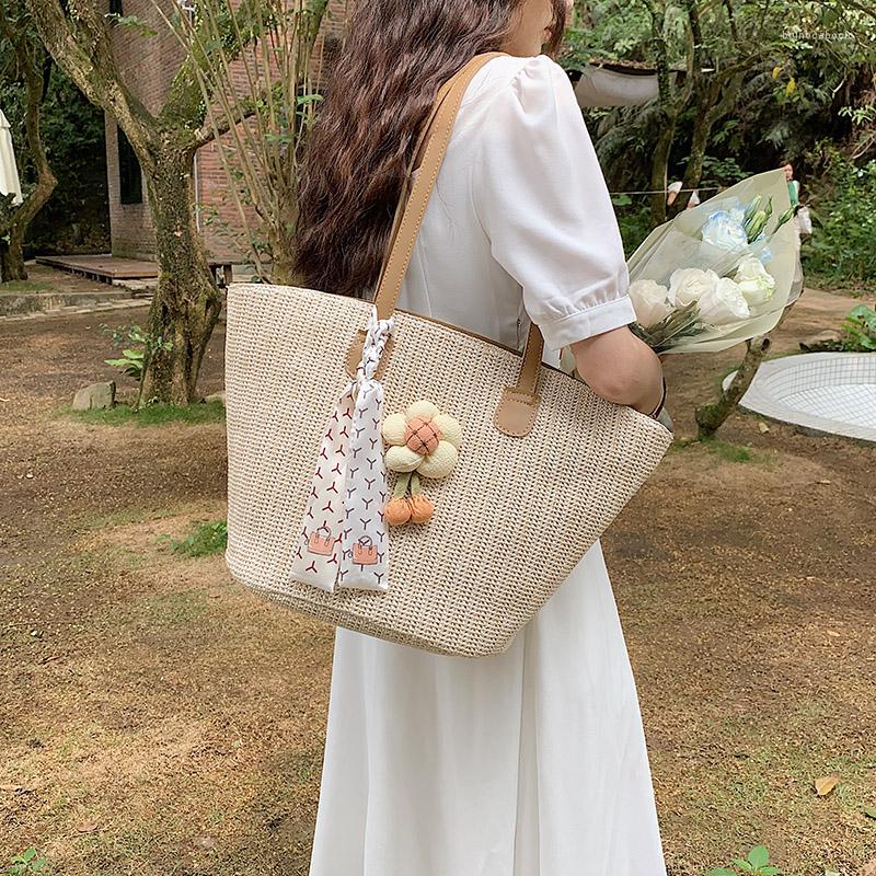 

Evening Bags 2023 Summer Women Weave Straw Rope Tote Bag In Travel Beach Handmade Lady Large Simple Bucket Shoulder Side Handbags, Beige