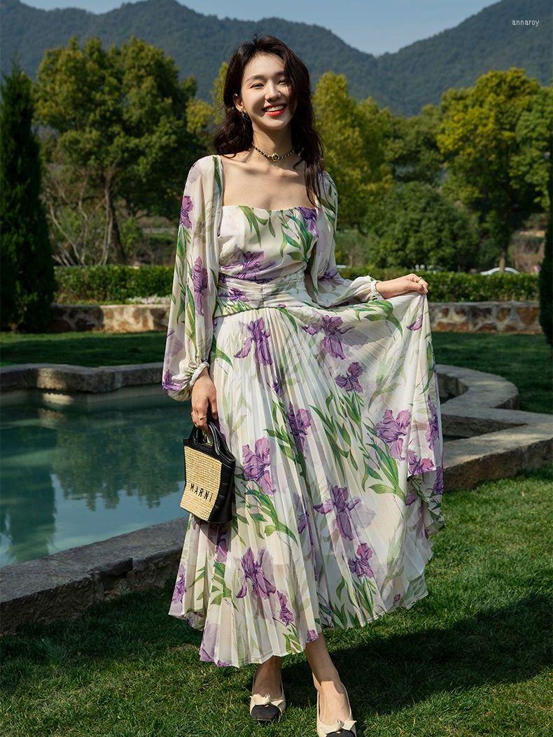 

Casual Dresses 2023 Fashion Flowers Chiffon Pleated Dress Women Elegant Square Collar Female Sexy Backless Holiday Beach Vestidos, Photo color