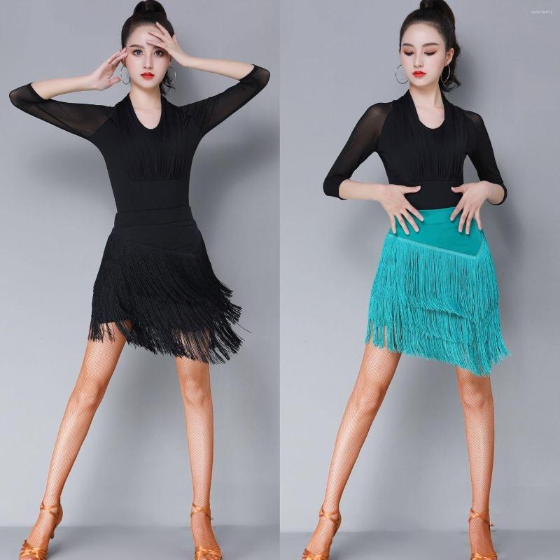 

Stage Wear Latin Dance Skirt Practice Dress Female Adult Costume Half Tassel Bottom Competition Performance Rumba, Peacock blue skirt