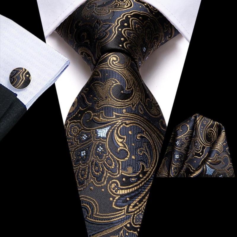 

Bow Ties Black Gold Floral Silk Wedding Tie For Men Handky Cufflink Gift Necktie Fashion Business Party Dropship Hi-Tie DesignerBow BowBow