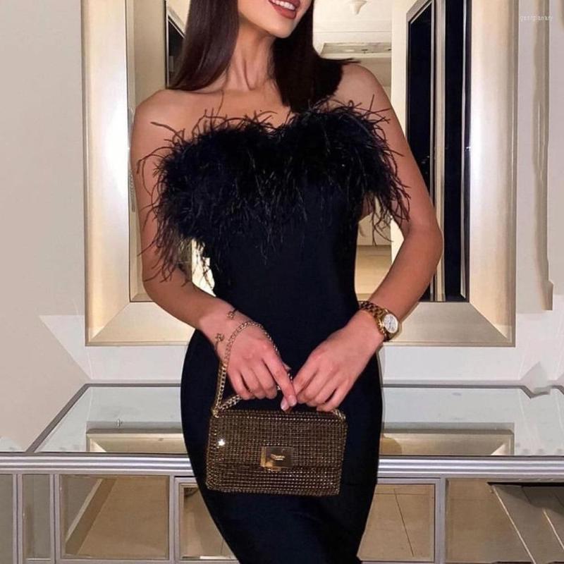 

Casual Dresses Zoctuo Fashion Elegant Vestidos Clothing Chic Ins Night Clubwear Slim Women's Dress Lady Feather Off Shoulder Skinny, White