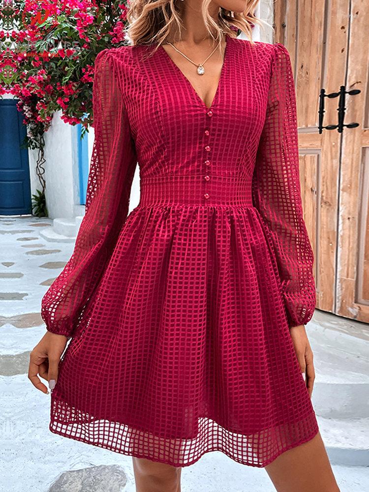 

Casual Dresses Sexy Women Solid Color A-Line Dress Hollow Out Design Button Decor See Through Deep V Long Sleeve High Waist Slim, Wine red