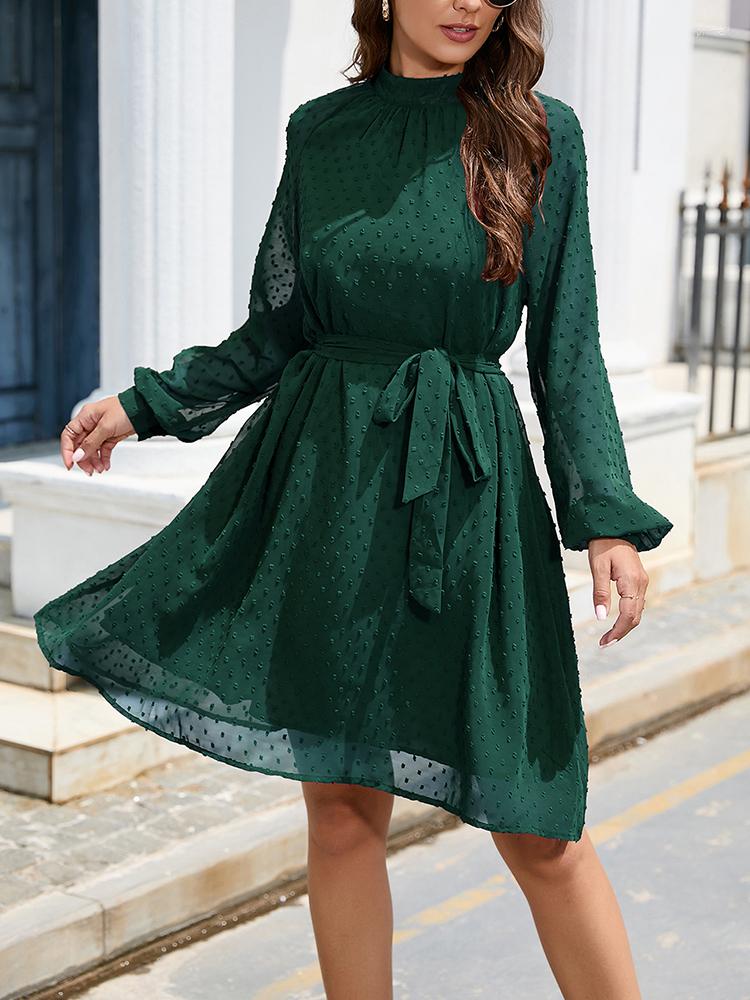 

Casual Dresses Chiffon Jacquard Dress Women Elegant Belt Maxi Female Long Sleeve Solid Mini Ladies Evening Summer, Apricot