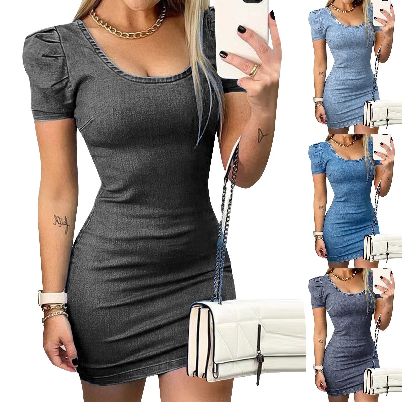 

Casual Dresse' Imitation Denim Shape Wrap Buttock U Neck Pile Sleeve Fashion Sexy Skims Short Puff Vestido Feminino 230512, Blue