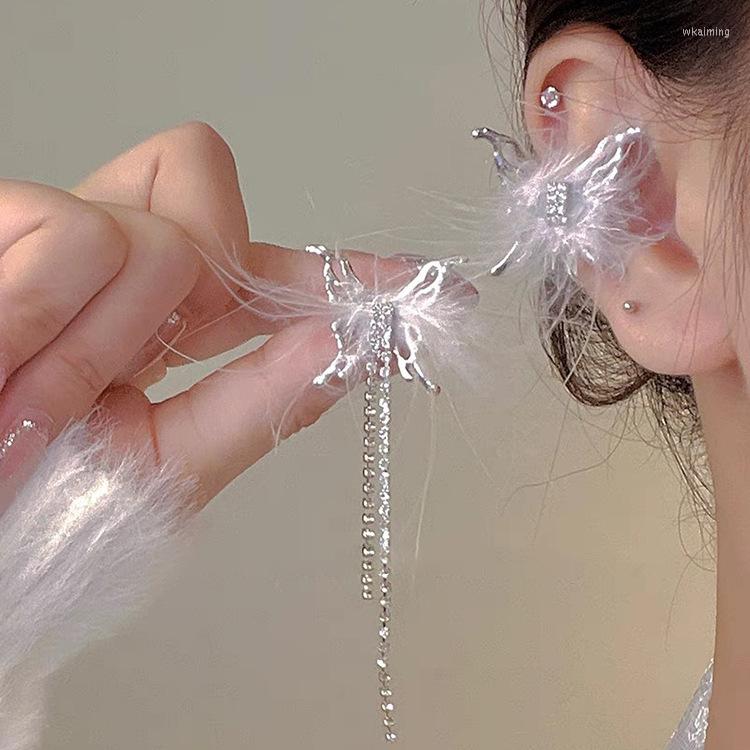 

Backs Earrings Butterfly Feather Rhinestone Tassel Clip For Women Romantic Sweet Creative Charm Aesthetic Fashion Jewelry