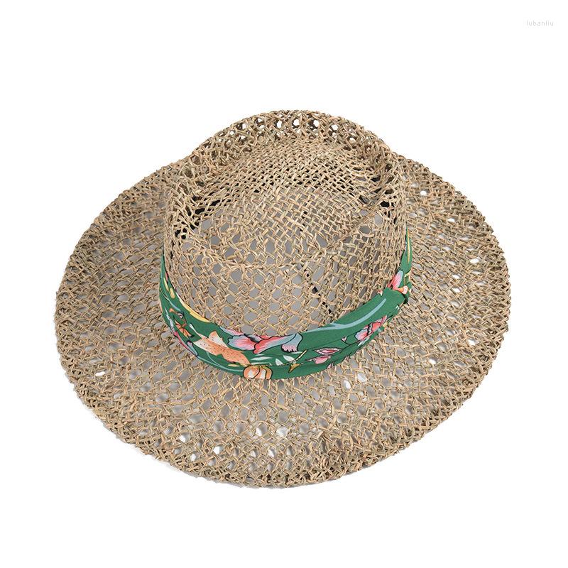 

Wide Brim Hats Green Printed Ribbon Seagrass Sun Spring And Summer Women's Seaside Holiday Hollow Sunscreen Straw Hat Beach