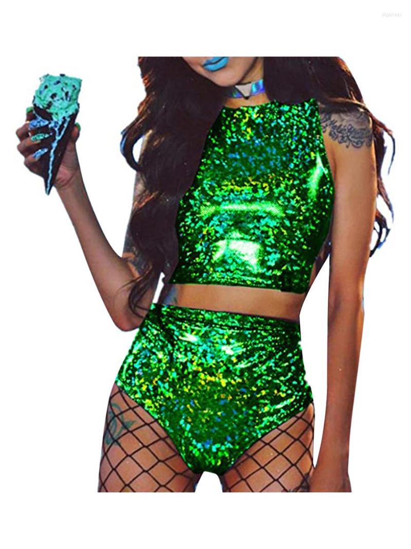 

Women' Tracksuits Women Sexy Cosplay Shorts Set Double Holographic Reflective Backless Tank Tops Drawstring Abdominal Outfits Clubwear, Black