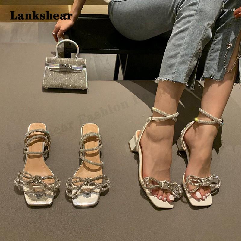 

Sandals Blingbling Rhinestone Women's Summer 2023 Thick-Heeled Square Head Bowknot Temperament Word With, Rose red