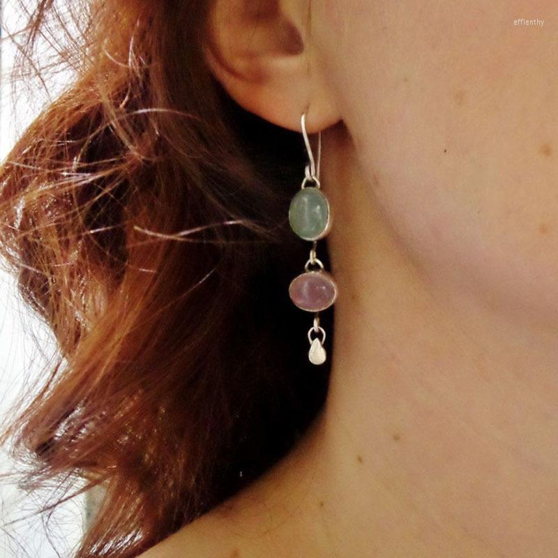 

Dangle Earrings Vintage Pink Green Color Asymmetric Oval Opal Stone Pendant For Women Girl Simple Geometric Jewelry