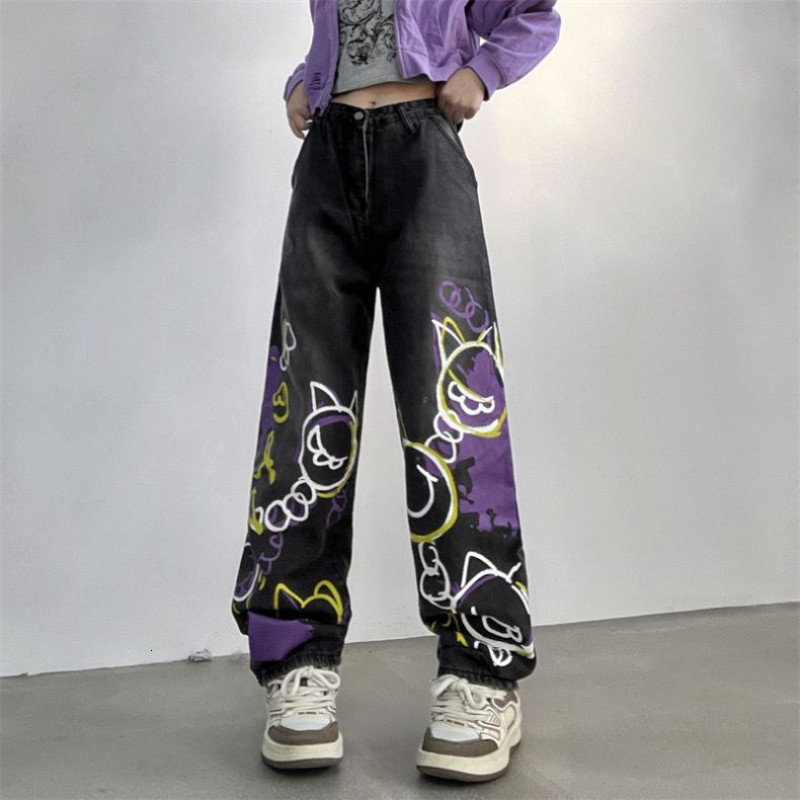 

Women' Pants  High street graffiti printed jean' ins trend allmatch loose wideleg pants summer high waist straight slim jeans 2023 230512, Beige