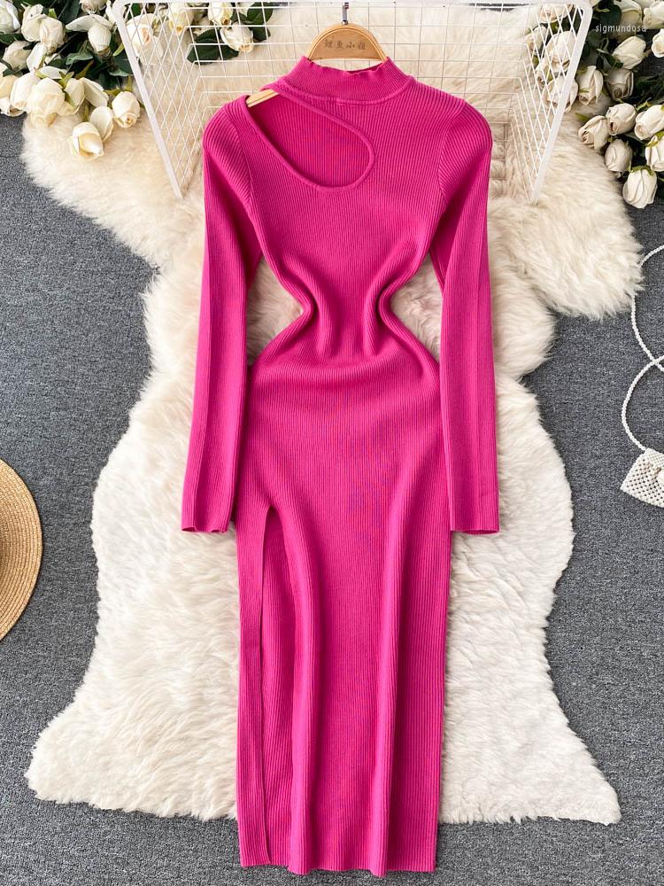 

Casual Dresses Autumn Senior Knitted Dress Women Long Sleeve Elastic Waist Split Sweater Ladies Party Sexy Warm Bodycon Maxi, Black