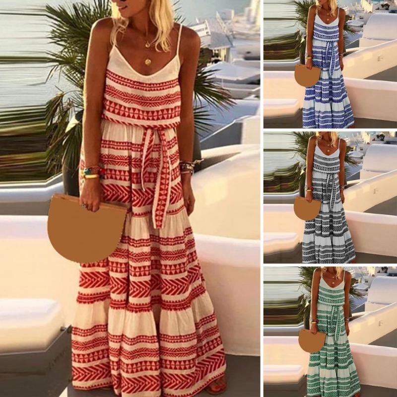 

Casual Dresses Women Beach Dress Color Block Sleeveless Spaghetti Strap V Neck Low-cut Dress-up Loose Bohemia Full Length Sling, Black