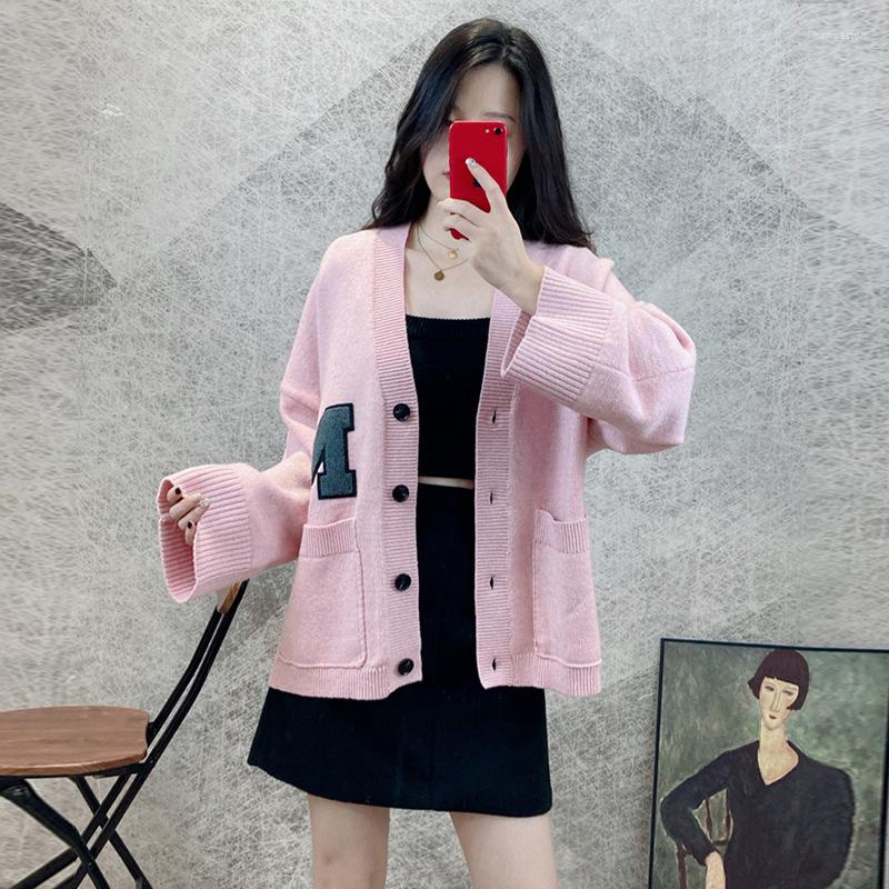 

Women's Knits Pink Color Nylon Fabric Fashion Lazy Oaf Cardigan Sweater For Women Full Sleeves Loose Letter Tops Lady Coat Clothes, Gray