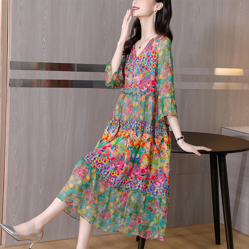 

Casual Dresses 2023 Women Floral Beach Vacation VNeck Spring Autumn Elegant Loose Waist Dres Korean Vintage Long Sleeve 230512, Mixed color