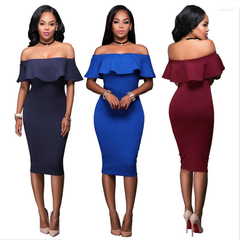 

Casual Dresses Women Summer Dress Sexy Off The Should Slash Neck Pencil Party Ladies Ruffles Bodycon Slim Midi Club Vestidos, Winered