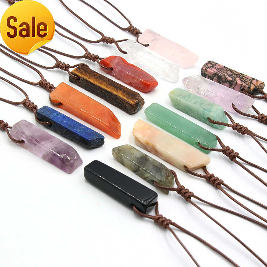 

CSJA Fashion Jewelry Healing Energy Waxed Rope Irregular Natural Raw Gemstone Crystal Bar Pendant Necklaces For Women H090