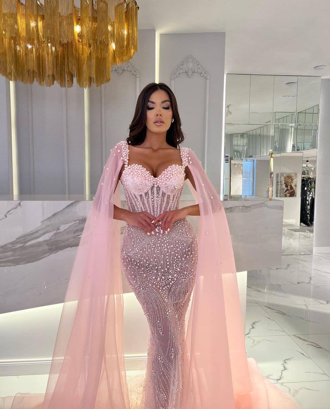 

Pink Mermaid Prom Dresses Sleeveless V Neck Straps Appliques Sequins Beaded 3D Lace Pearls Floor Length Capes Evening Dress Bridal Gowns Plus Size Custom Made, Royal blue