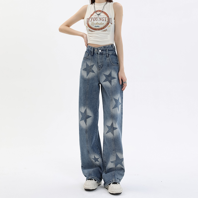 

Women' Pants  Chic Design Star Print American Jeans Spring Autumn Casual Fashion Straight Neutral Denim Trousers Female 230512, Blue