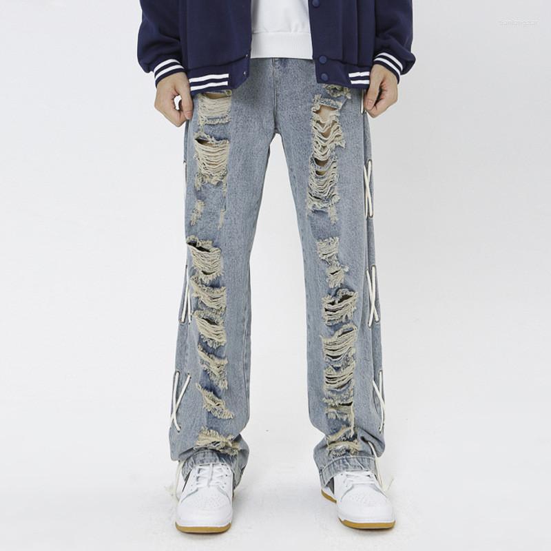 

Men' Jeans Men' Fashion Hi Street Destroyed Pants Streetwear Oversized Hip Hop Denim Trousers Loose Fit Y2K Ripped Bottoms, Sky blue