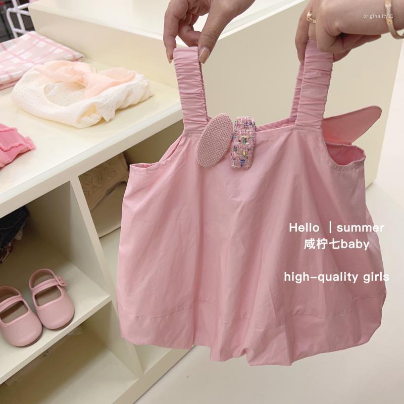 

Girl Dresses 2023 SUMMER Fairy Sweet Cute Korea Style KIDS CAMIS DRESS Wing Bow Tie Solid Color Soft Cotton Fashion, Pink