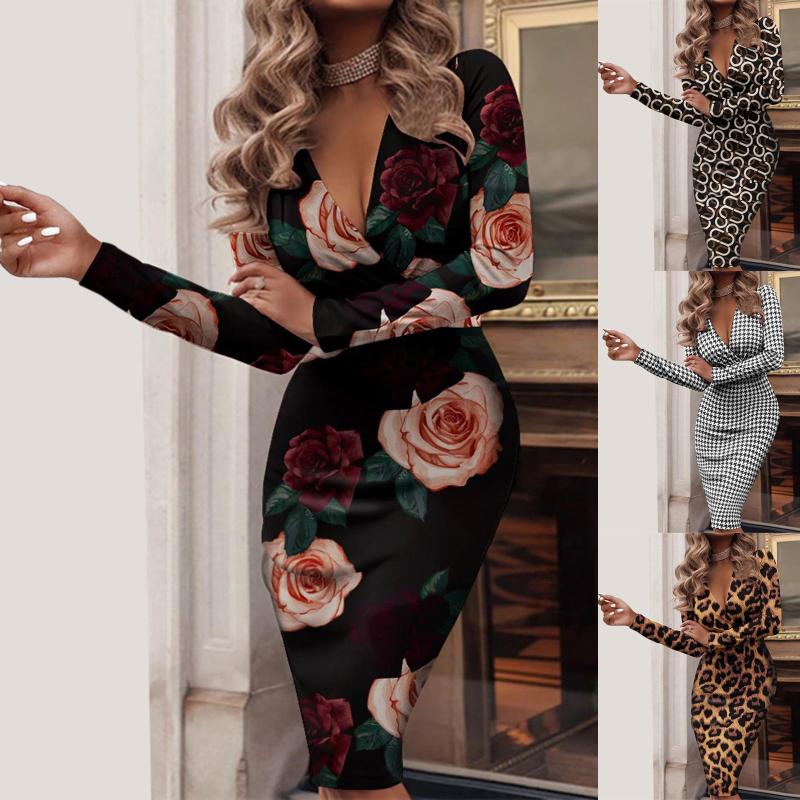 

Casual Dresses Womens Dress Deep V Neck Long Sleeve Lightweight Slim Printed Knee-Length Bodycons Pencil, Pink