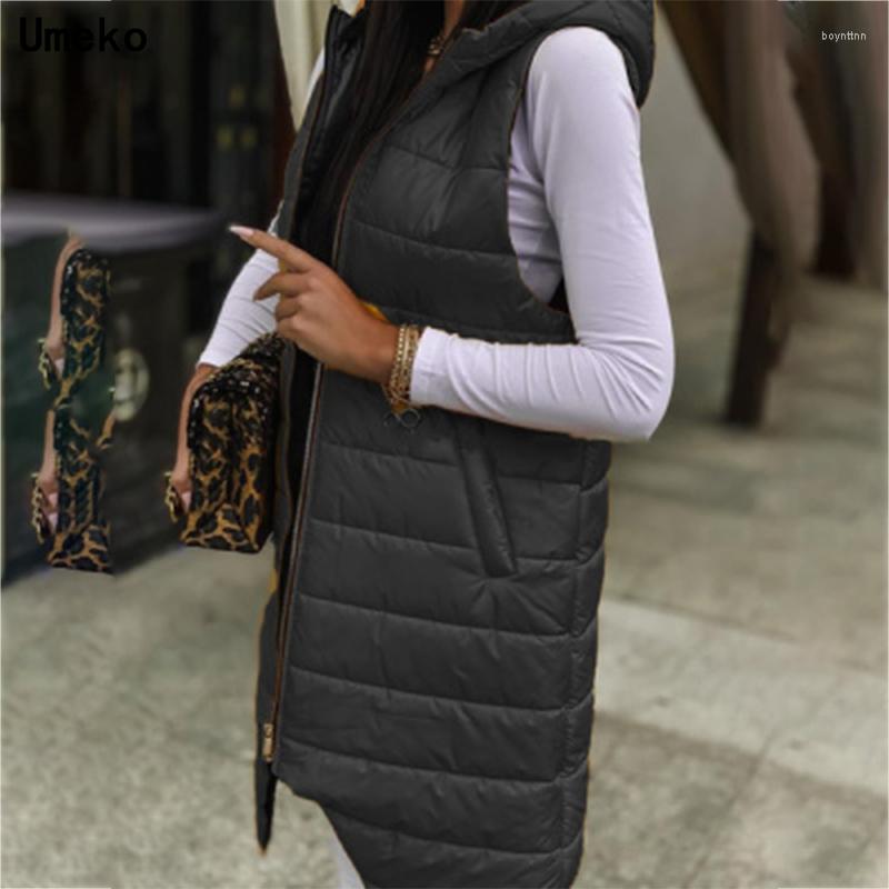 

Women' Vests Umeko 2023 Winter Hooded Long Vest For Women Solid Casual Women' Sleeveless Jacket Stand Collar Thick Cotton Padded, Black