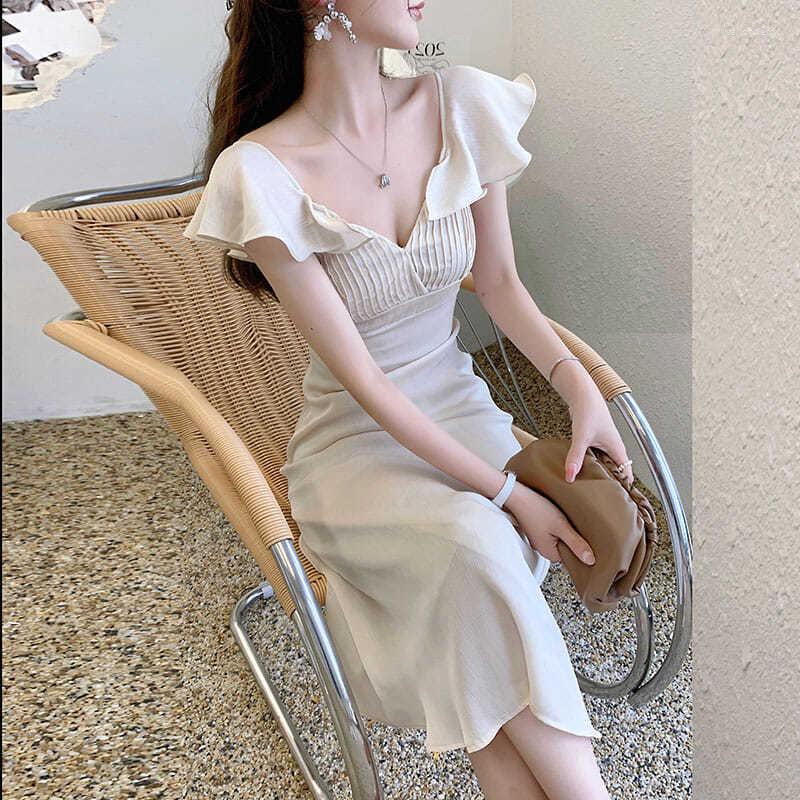 

Casual Dresses Ruffle Cuffs Low-cut V-neck Sexy Long Dress 2023 Summer Temperament Elegant A-line Party Women' Clothing, Apricot