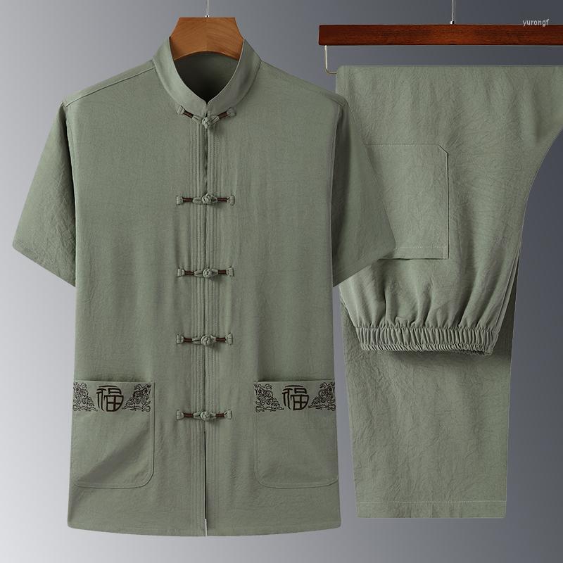 

Men's Tracksuits Traditional Chinese Clothing Set For Men Adult Tai Chi Uniforms Linen Short Sleeve Embroidery Casual Costumes, Dark grey