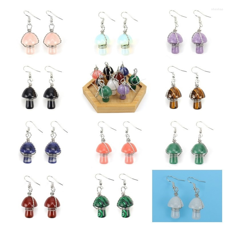 

Dangle Earrings 6 Pair Natural Stone Wire Wrap Mushroom Shape Reiki Healing Tigers Eye Roses Quartz Crystal Fashion Jewelry