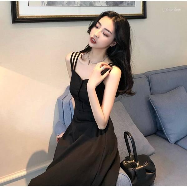 

Casual Dresses Summer Women's Small Black Dress French Hepburn Style Strap Long