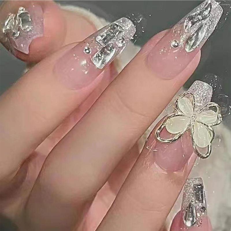 

False Nails 24pcs Rhinestones Fake Glitter Set Press On Nail Tips Wearable Full Cover Long Ballet Coffin French For Girl, Jelly glue model