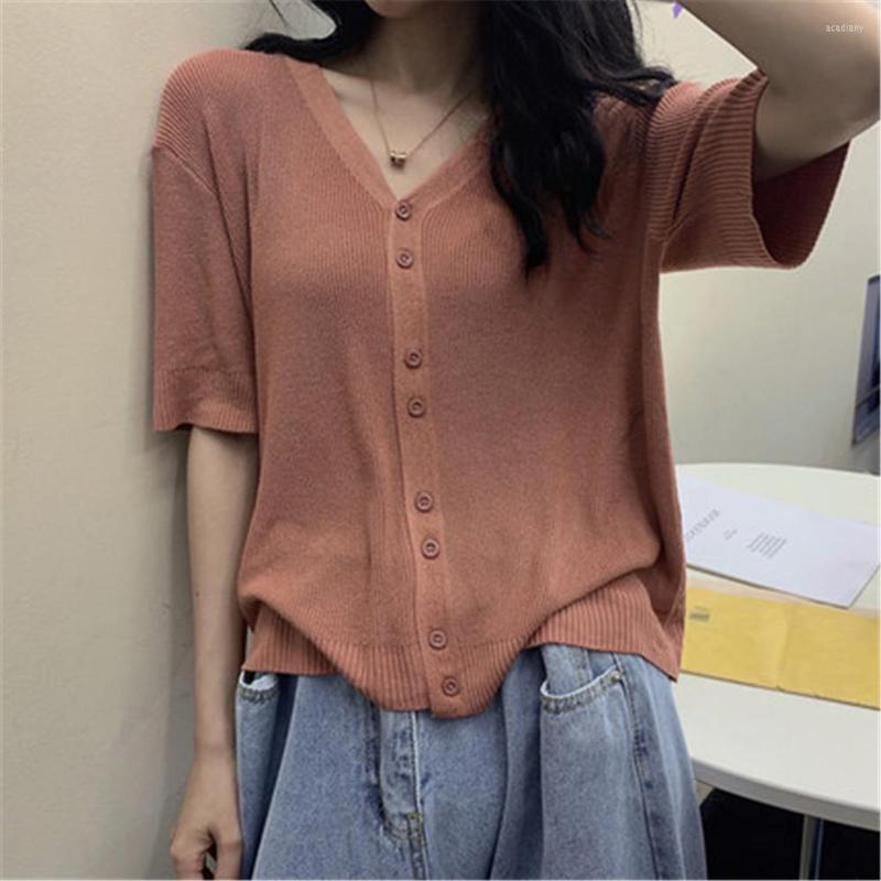 

Women's Knits Korean Fashion Elegant Casual Loose Fashionable Temperament Sweet Women Cardigans Solid V-neck Single Breasted Daily Retro, Apricot