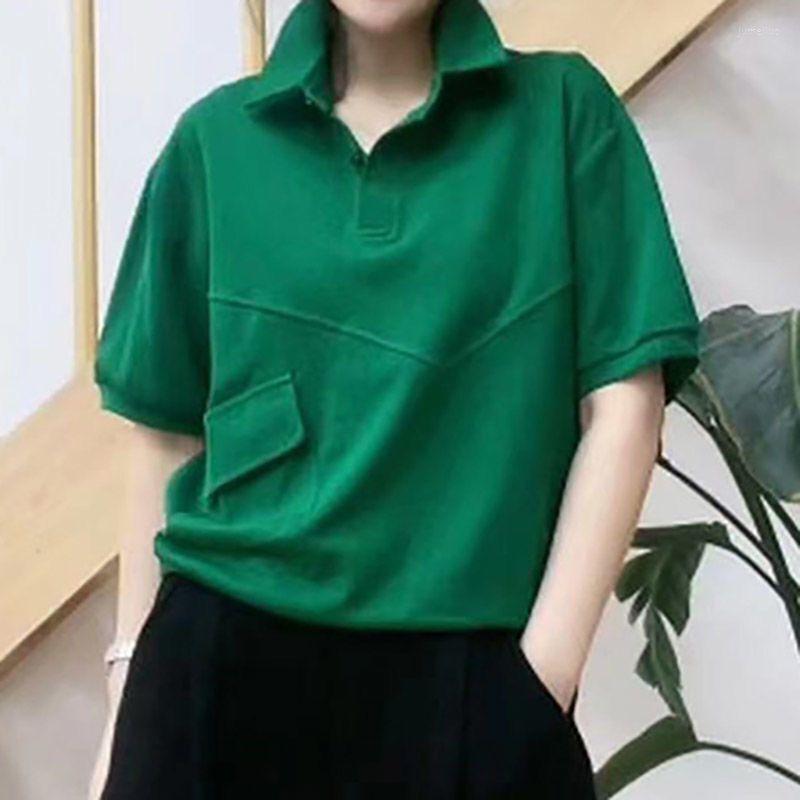 

Women's Polos 2023 Turn-down Polo Collar Solid Color T Shirts Women Summer Short Sleeve Loose Streetwear Tee Female Oversized Tops A783, 2285 green