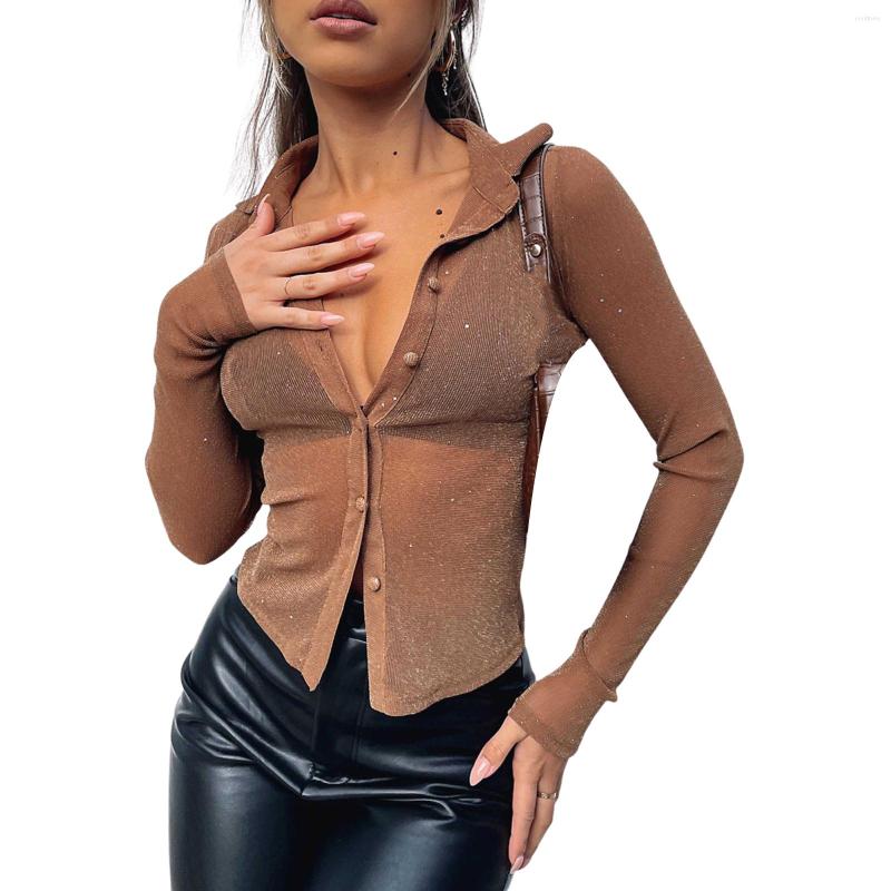 

Women' Blouses 2023 Fashion Sexy See Through Lady Shirt Women Long Sleeve Turn-Down Collar Slim Fit Blouse Holiday Spring Autumn Casual, Black