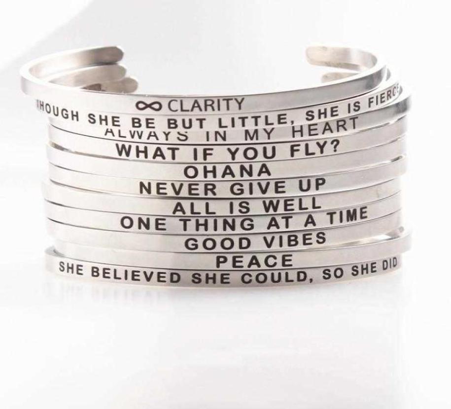 

Bangle E F G H 4mm Dropship Stainless Steel Positive Inspirational Quote Hand Stamped Cuff Mantra Bracelets Men Women1783185