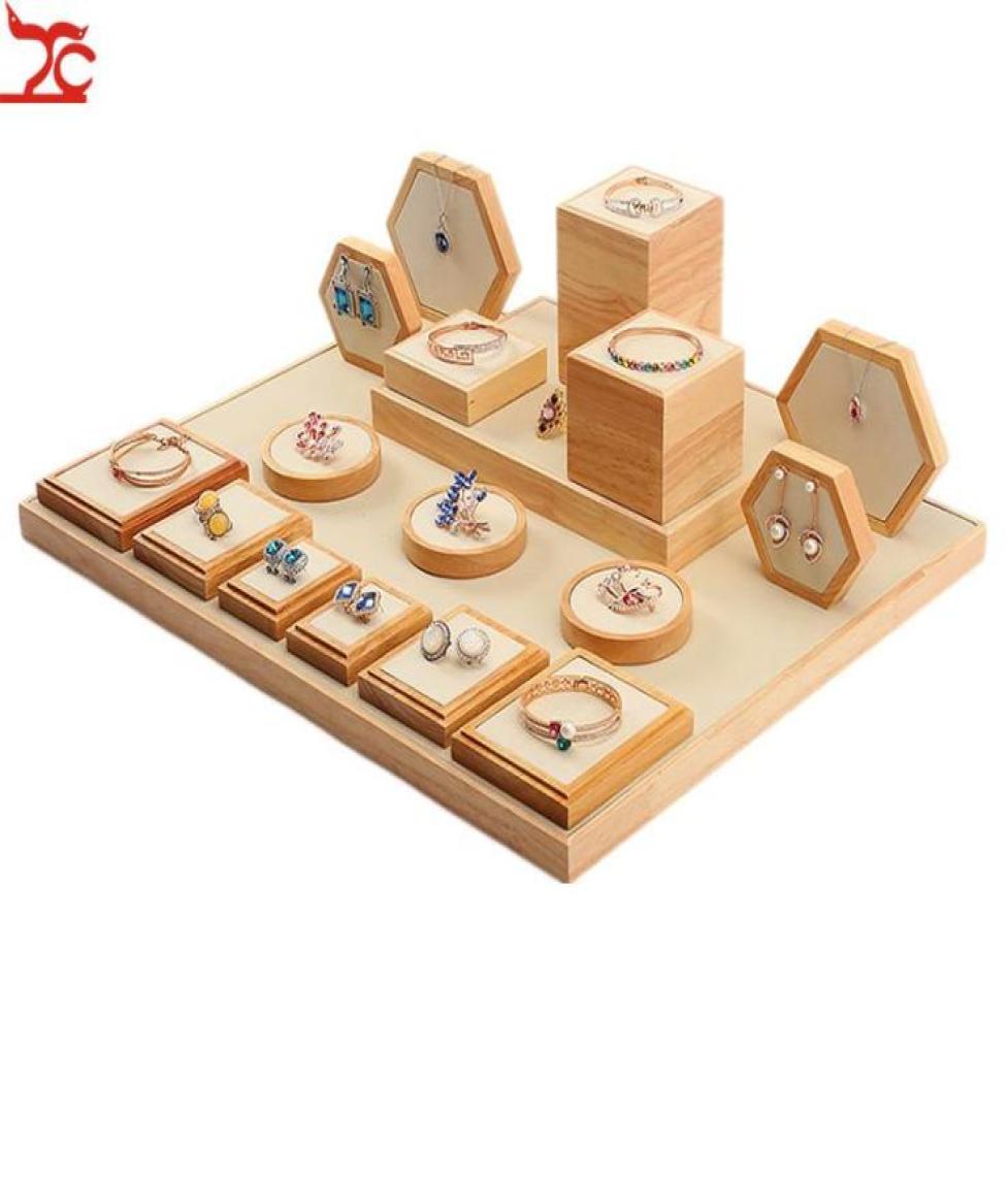 

Jewelry Pouches Bags Display Props Pendant Necklace Stand Solid Wood Ring Earrings Seat Holder Set Combination Jewlery Organizer7660377
