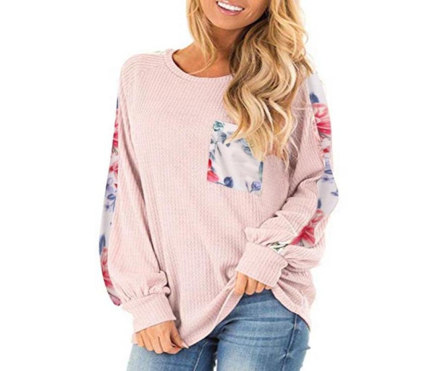 

Women039s Leopard Stitching Blouse Long Sleeve Round Neck Top Casual Loose Pullover Tops Blouses Shirts9673996, Pink