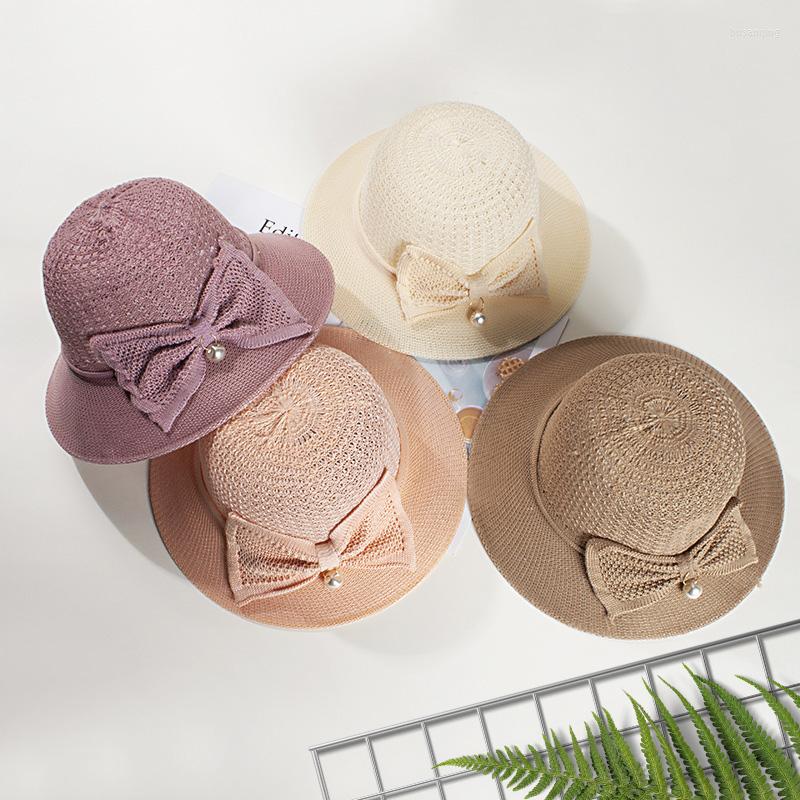 

Wide Brim Hats Summer For Women Pearl Bowknot Straw Hat Breathable Mesh Lady Bucket Cap, Beige