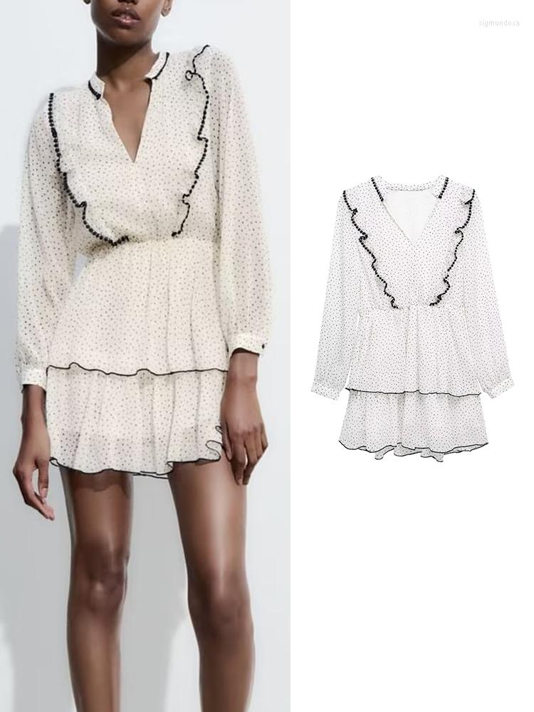 

Casual Dresses Women Dress Dot Printed Mini 2023 Summer Fashion V-neck Ruffles Chiffon Sweet Long Sleeve A-line Vestidos, Picture shown