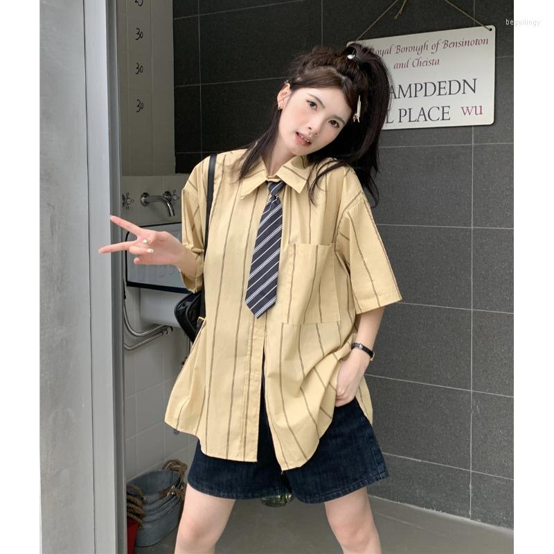 

Women's Blouses Korejepo American Retro Top College Style Short Sleeved Shirt Summer 2023 Striped Women's Loose Fitting Mid Length Tops, White with tie