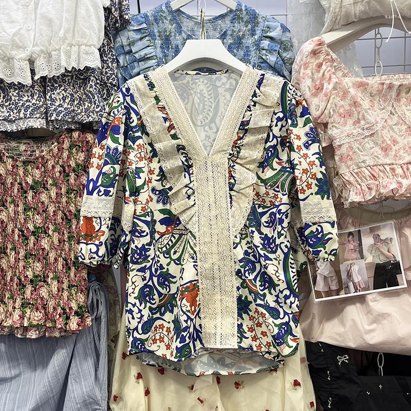 

Women's Blouses Frenchic Ruffles V-neck Women Tops Lace Patchwork Short Sleeve Blusas De Mujer Ethnic Style Womens And Drop, Green