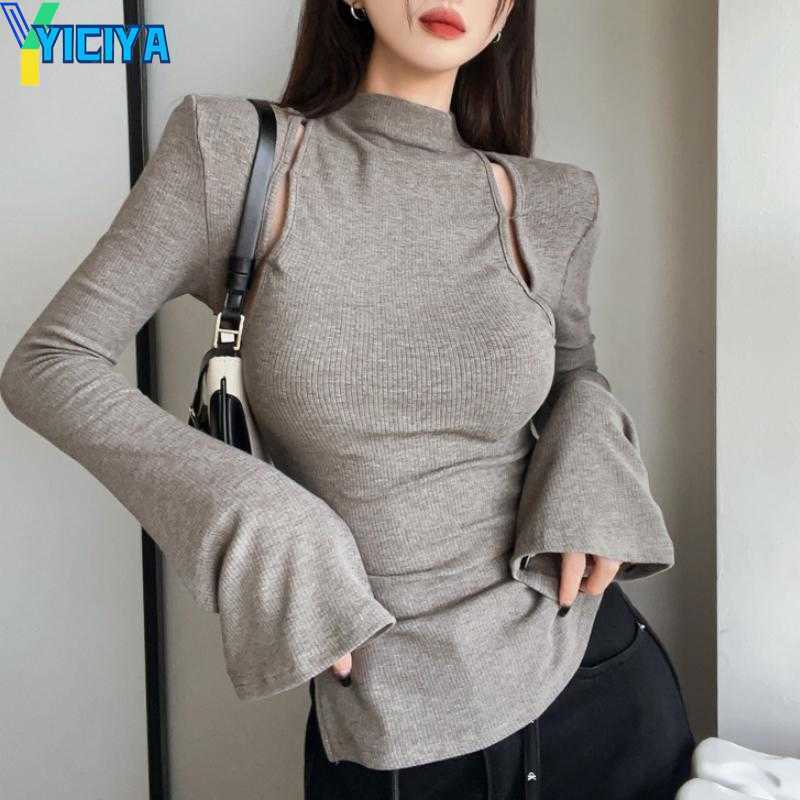

YICIYA Women's T Shirts 2023 Autumn For Women Crop Tops Korean Style Retro Hollow Out Screw Thread T-Shirt Knitting Long-sleeved Elastic Tee Shirt, Black