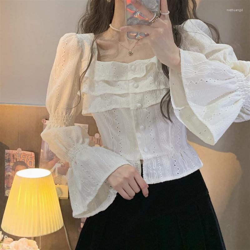 

Women' Blouses QWEEK White Women' Shirt Cropped Kawaii Fairycore Tunic Flare Sleeve Lolita Style Preppy Female Top Chic Korean Fashion