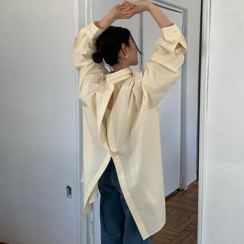 

Women's Blouses Blusas Mujer Spring Single Breasted Loose Split Long Sleeve Lapel Hollow Out Backless Shirt Women Casual Tops Blouse Shirts, Beige